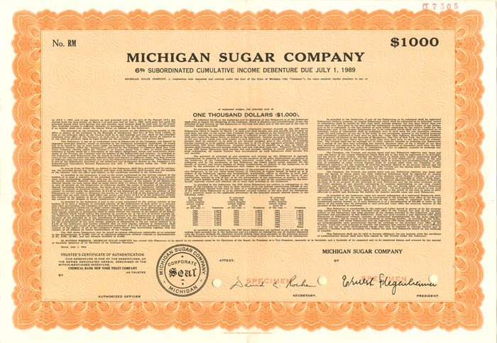 Michigan Sugar Co. - Specimen Bond - Several Denominations Available